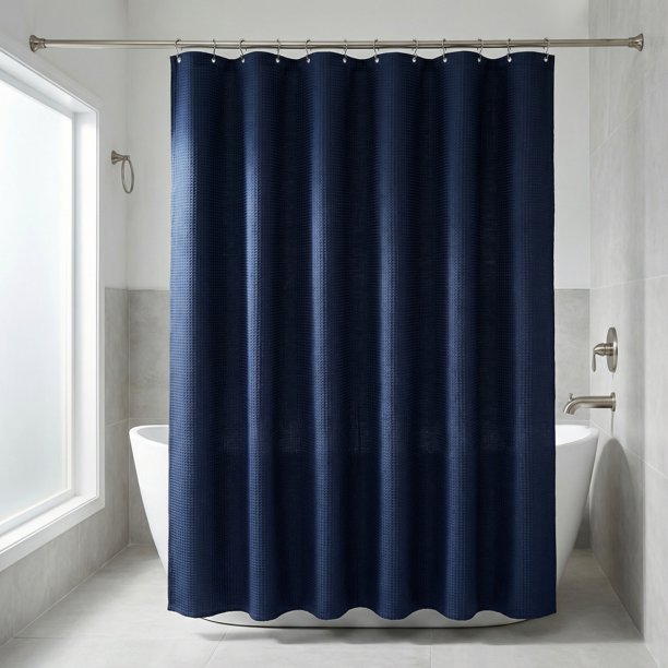 REGALWOVEN Cortina de Ducha Moderna de Tejido de Waffle con 12 Ganchos Impermeable para Baño Índigo 71"W x 71"L