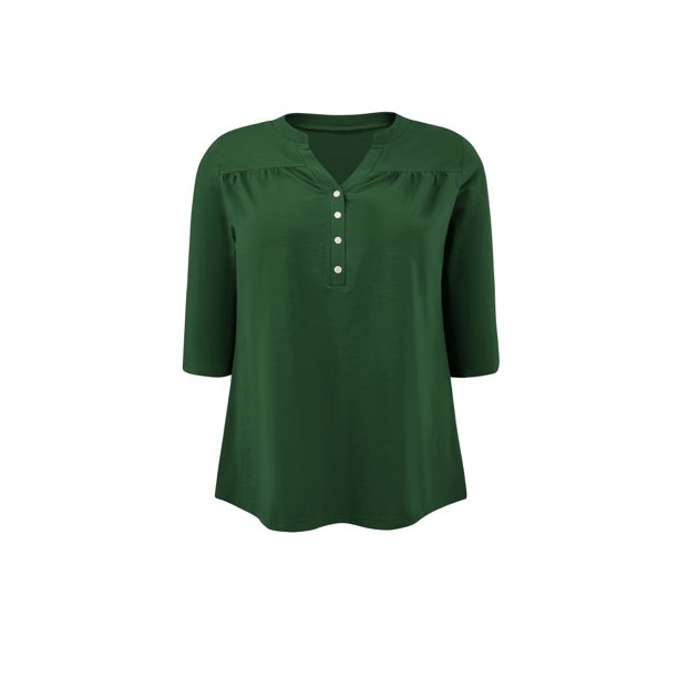 GRACE & GRANDEUR Blusa Casual Elegante para Mujer Talla Grande de Escuela o Universidad, Cuello con Pliegues y Botones al Frente, Mangas 3/4, Talla 3X, Verde Oscuro