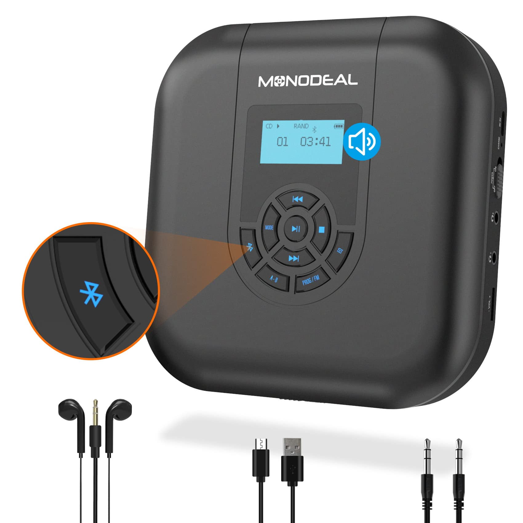 Reproductor De Cd Portátil Monodeal Bluetooth Con Altavoces De 1800 Mah