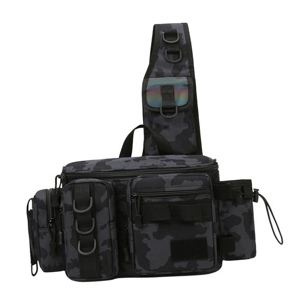 Bolsa de aparejos de pesca, riñonera de pesca, bolsa de hombro con soporte para caña, mochila de nailon, bolsa de pesca multifuncional para el pecho , Patrón negro talla L