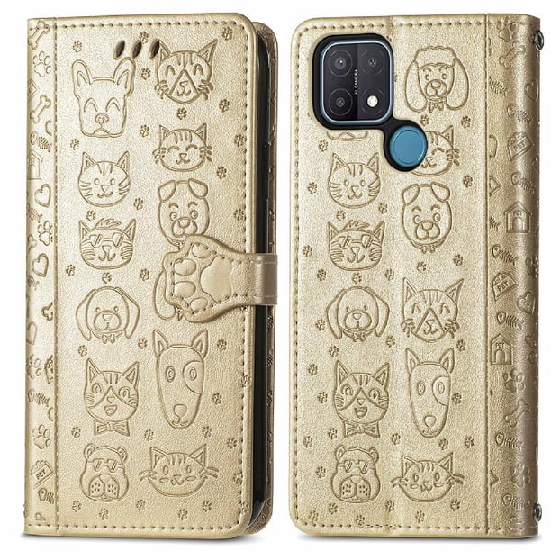 Funda Cartera FOXDOCK para OPPO A15 , Flip PU con Relieve de Gatos y Perros, Tarjetero y Soporte