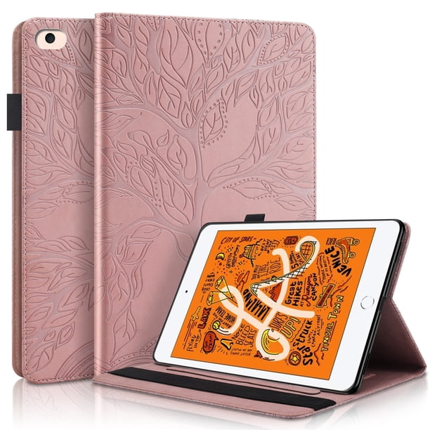 Funda con relieve del Árbol de la Vida para tablet ipad mini 1/2/3/4/5 con soporte, ranuras para tarjetas y soporte para lápiz óptico. Oro