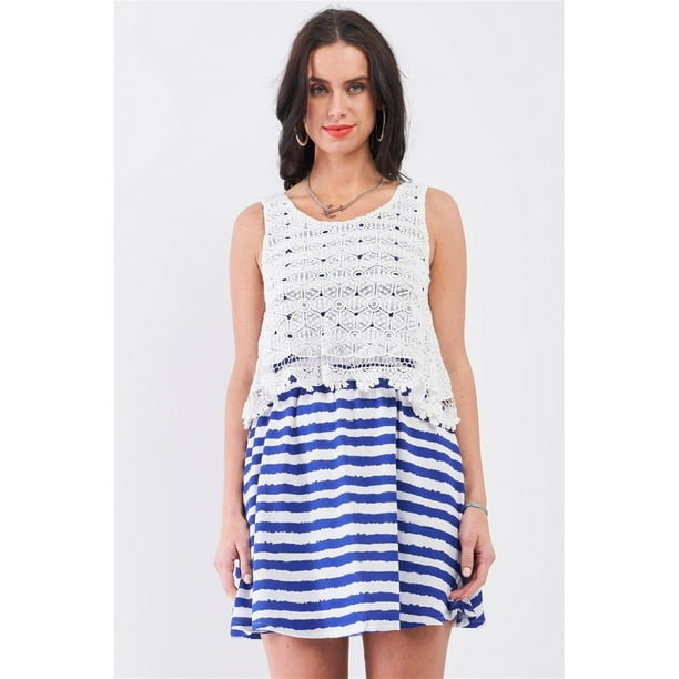 Vestido Mini con Capas y Bordado Floral, sin Mangas, Cuello Redondo y Rayas Horizontales en Blanco y Azul Marino