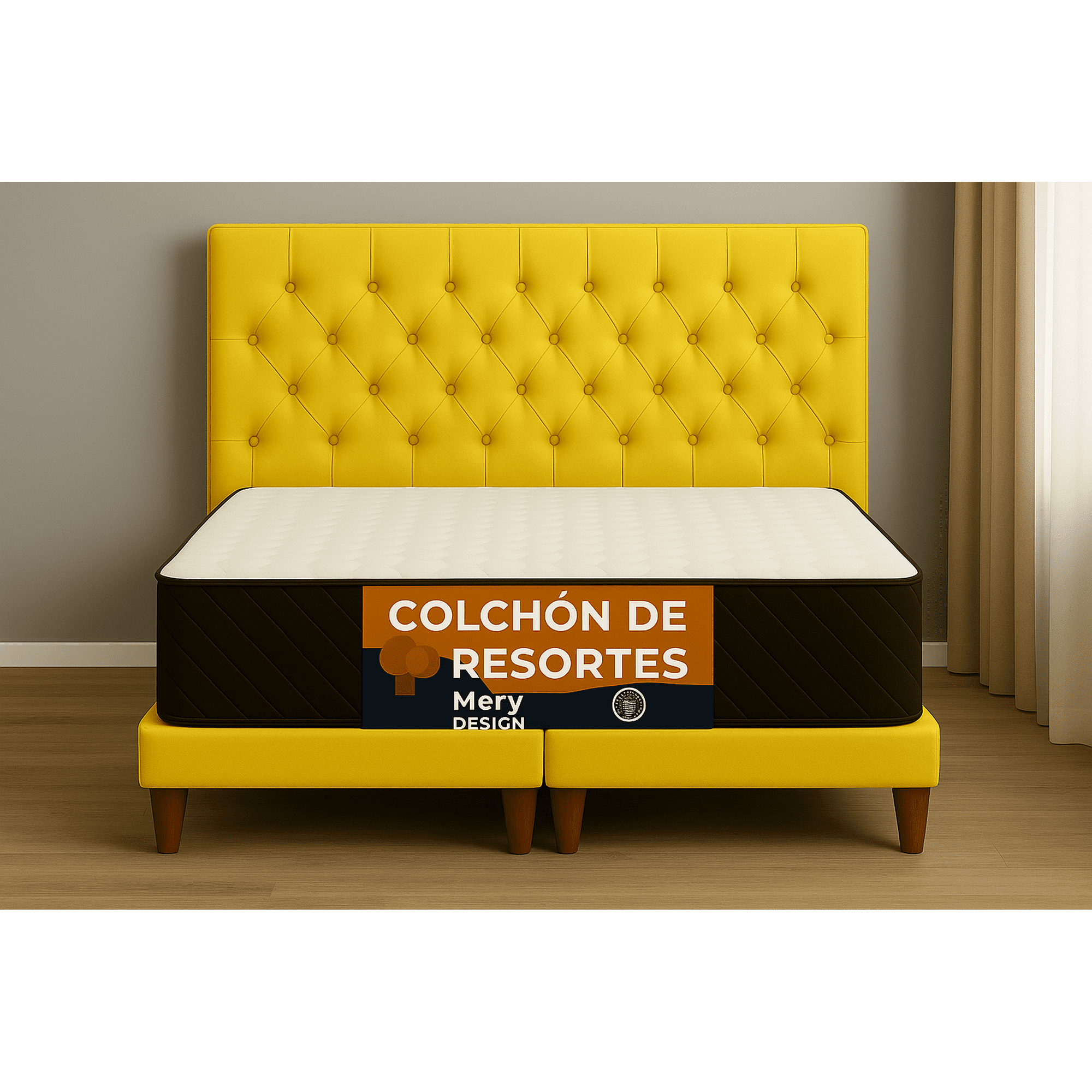 Ethan Desing - Cama 2 Plaza Capitoné + Respaldo 2p Capitone Amarillo + Colchón 2p Mery Desing