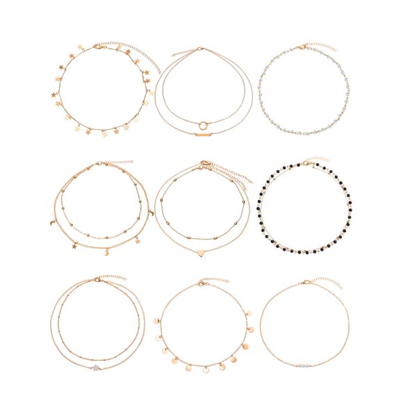 Juego de collares BBTO Gold Layering Chaker para mujer, 9 piezas