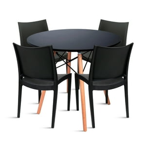 Klik Muebles - Comedor Mesa Eames 100Cm Redonda Negra + 4 Sillas De Terraza Exterior Tipo Restaurante - Negra