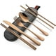 thumbnail image 1 of Utensilios portátiles, juego de cubiertos para viajes y camping, 8 piezas que incluye cuchillo, tenedor, cuchara, palillos, cepillo de limpieza y pajitas, estuche portátil, juego de cubiertos de acero, 1 of 7