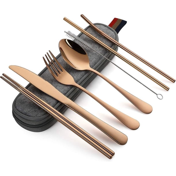 Utensilios portátiles, juego de cubiertos para viajes y camping, 8 piezas que incluye cuchillo, tenedor, cuchara, palillos, cepillo de limpieza y pajitas, estuche portátil, juego de cubiertos de acero