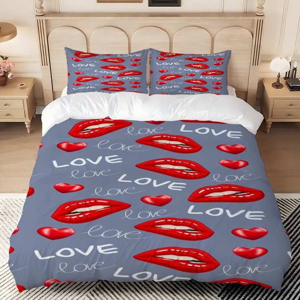 LOVE Themed Polyester Bedding Set Includes 1 Duvet Cover and 2 Pillowcases Ideal for All Seasons