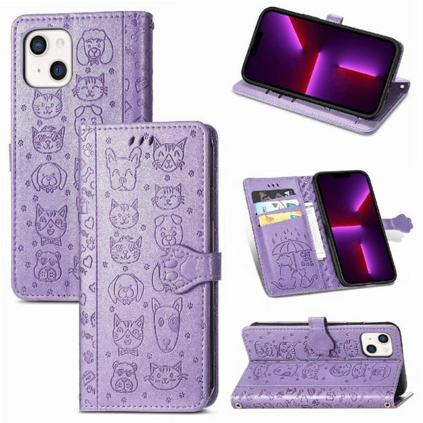Funda Cartera FOXDOCK para iPhone 13 Mini , Flip PU con Relieve de Gatos y Perros, Tarjetero y Soporte