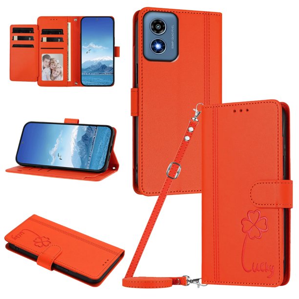 Funda Cartera Trébol para Motorola Moto G Play 2024 4G con Ranuras Tarjetas y Carga Inalámbrica Naranja