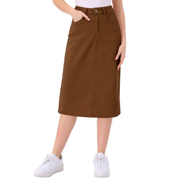 INSPIRE CHIC Falda Midi de Mezclilla de Cintura Alta para Mujer Falda de Jean Elástica con Abertura Trasera y Bolsillos Marrón M