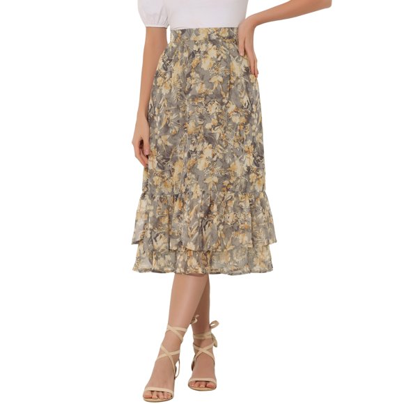 Faldas de Chifón para Mujer INSPIRE CHIC Cintura Elástica Volantes en Capas Faldas Midi Florales Gris Claro-Floral M
