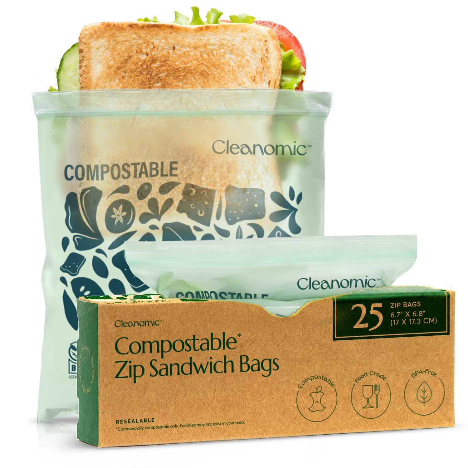 Bolsas Compostables Para Almacenamiento De Alimentos, Tamaño Sándwich, 25 Unidades, Cleanomic