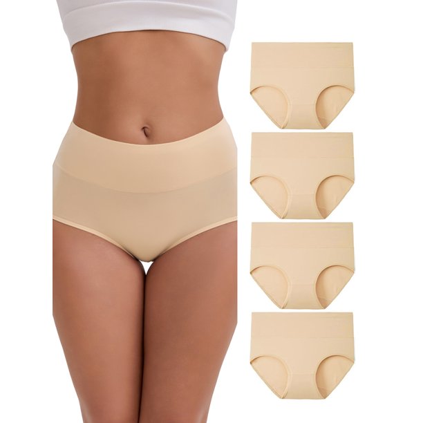 INSPIRE CHIC Ropa interior de mujer de cintura alta con levantamiento de glúteos y control de abdomen, bragas transpirables de algodón en talla grande, paquete de 4, XXL, 4 Beige