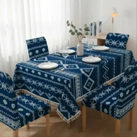 Casadeliacl - Mantel De Lino Ipermeable Con Borlas Incluye Fundas Silla Tf Azul Geométrico