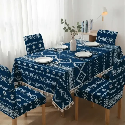 Casadeliacl - Mantel De Lino Ipermeable Con Borlas Incluye Fundas Silla Tf Azul Geométrico