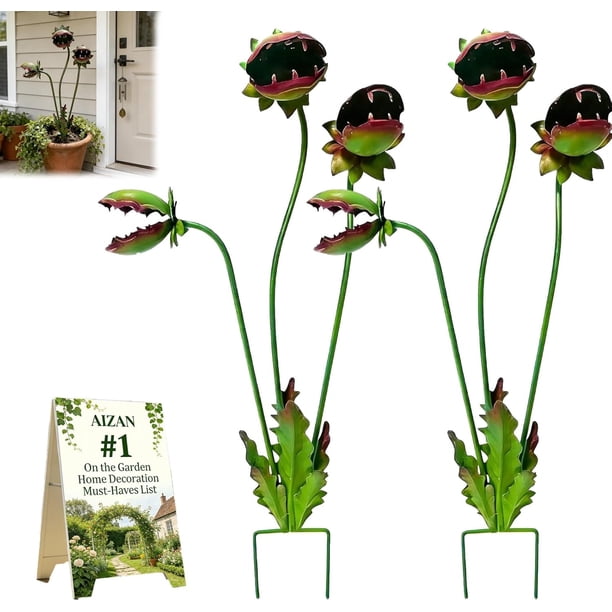 Estaca jardín planta carnívora metal caprichosa 63cm Venus atrapamoscas resistente 2 uds