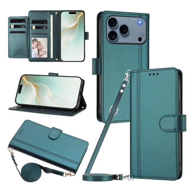 Funda Cartera de Cuero Sintético para iPhone 18 Pro, Verde Oscuro