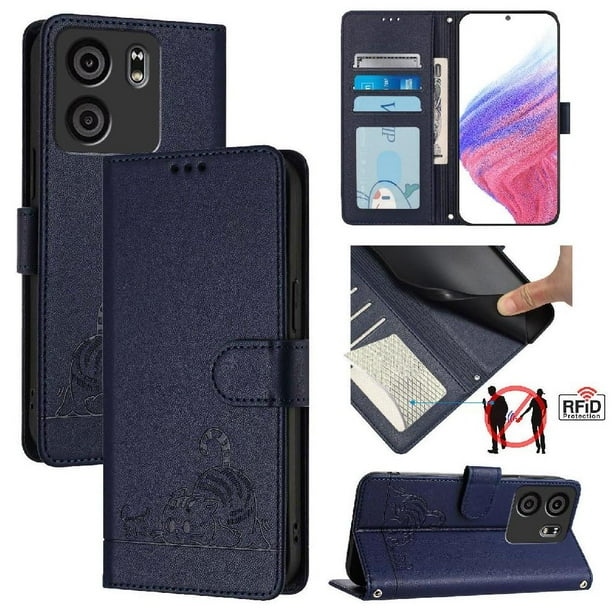Funda tipo cartera FOXDOCK para BLU View 5 con soporte, ranuras, RFID, diseño de gato