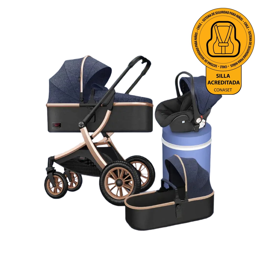 Babymine - Coche Cuna Con Silla Nido Y Cubre Pies Azul Dorado