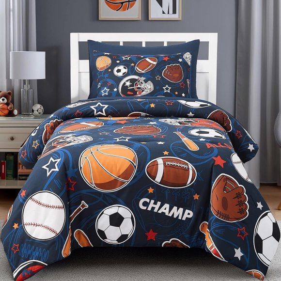 Set de edredón Twin para niños, 5 piezas, con diseño de balones que brilla en la oscuridad
