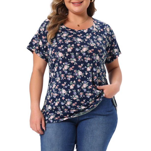 Agnes Orinda Blusas de Talla Grande para Mujeres Estampado Floral Manga Corta Cuello Redondo Suelto Casual Básico Camiseta 4X Azul Marino