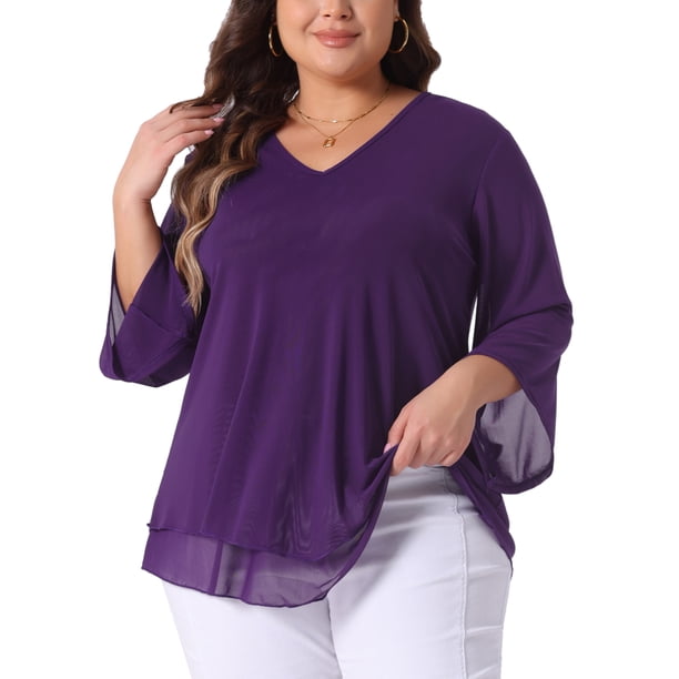 Agnes Orinda Conjuntos de Halloween Tallas Grandes Camisa Escolar Universitaria para Mujeres Manga 3/4 Acampanada Cuello en V Blusa de Doble Capa de Chifón Talla 3X Púrpura