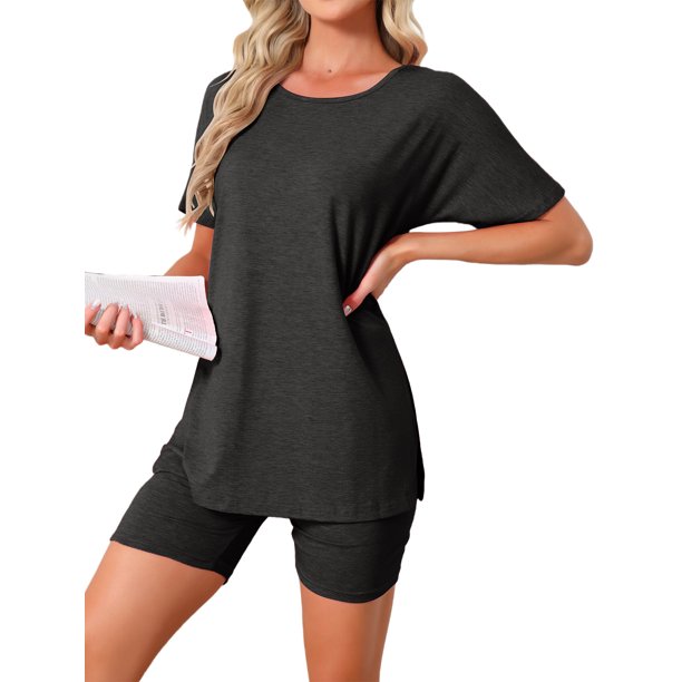 Conjunto de Pijama con Mangas Divididas para Mujer INSPIRE CHIC, Ropa de Dormir de Punto Jersey Suave con Pantalones Cortos Ajustados para Primavera Verano M Negro