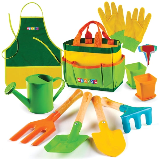 Juego de herramientas de jardinería Play22 Kids, 12 unidades con delantal, guantes y bolsa