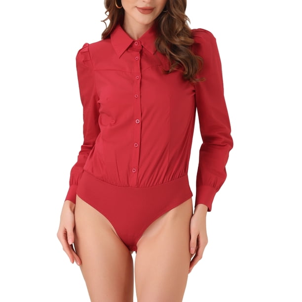 INSPIRE CHIC Camisa Leotardo para Mujer con Cuello, Casual de Negocios, Abotonada, Mangas Largas, Body, Talla M, Rojo