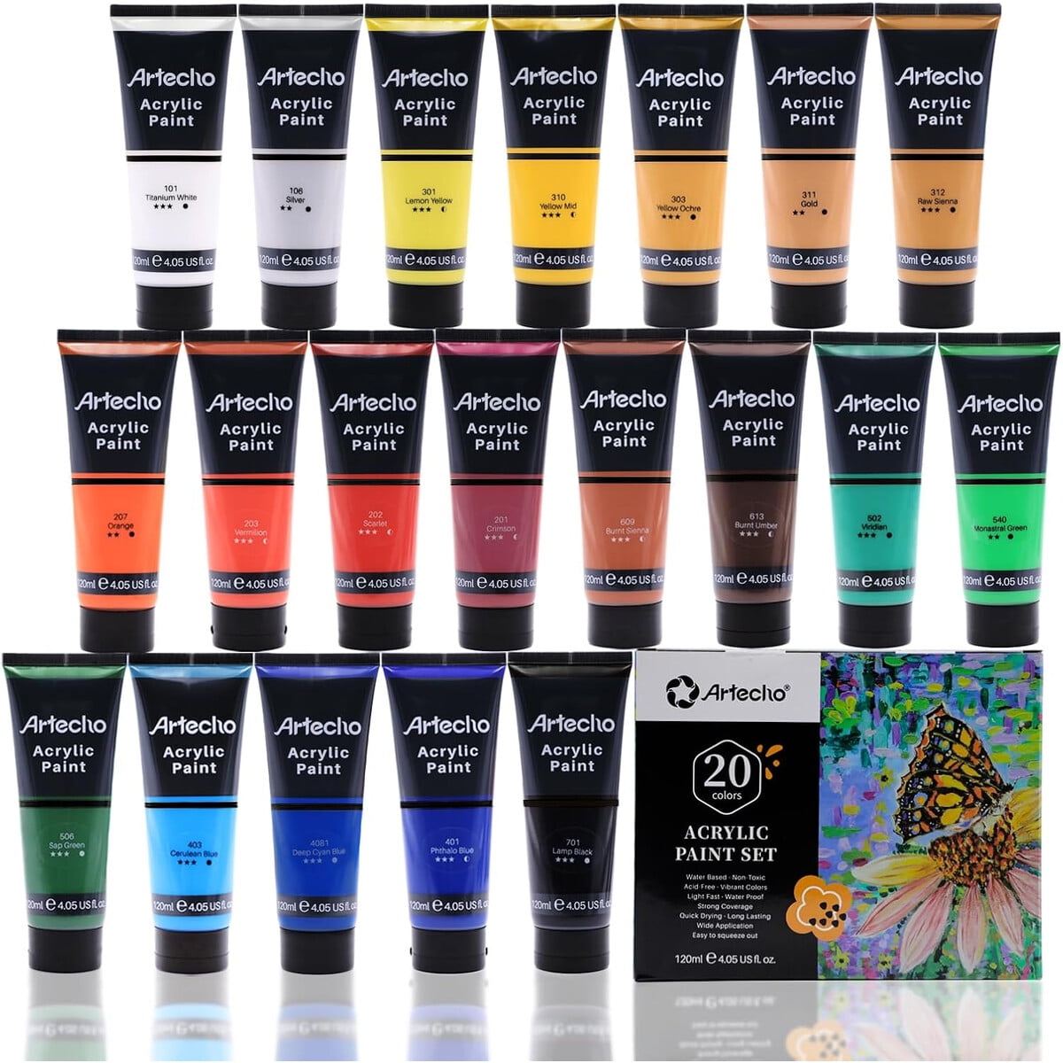Set De Pintura Acrílica Artecho 20 Colores Tubo 120ml Brillante