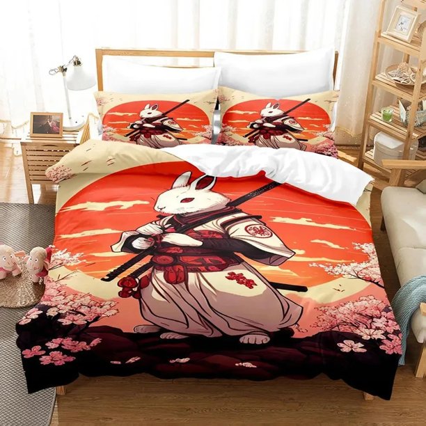 Anime Samurai Rabbit Bedding Set Boys Girls Duvet Cover Pillowcase Bed Kids Adult Fashion Home Textileextile