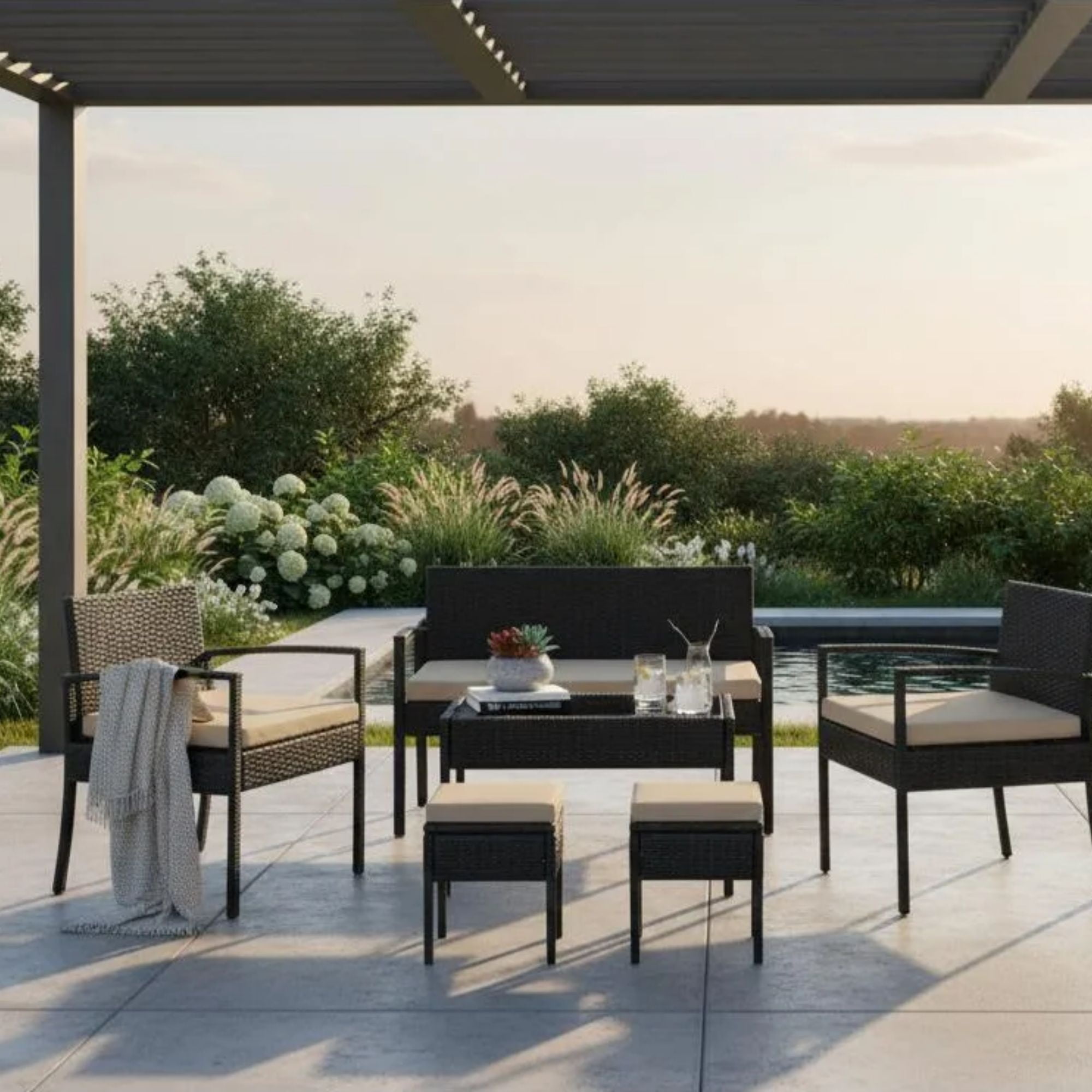 Velazio - Juego De Living Terraza Hawai Beige 6 Personas Cojines Impermeables, Símil Ratan