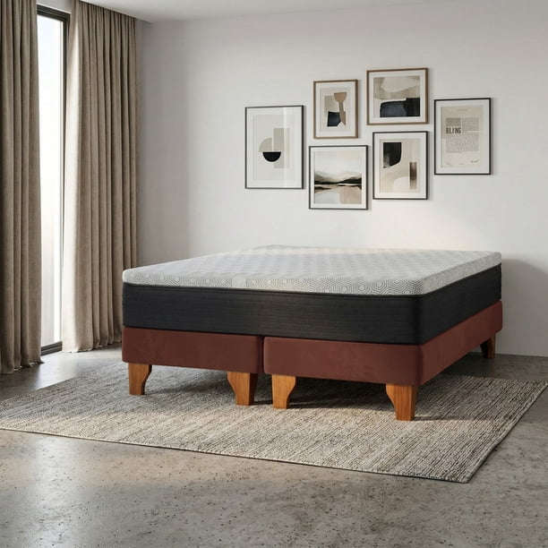 Cama Europea New Top Colchon Resortes 23 Cm 2 Plazas Base Dividida Tela Velvet Chocolate