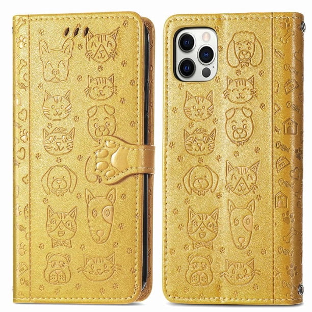 Funda Cartera FOXDOCK para iPhone 12 ProMax , Flip PU con Relieve de Gatos y Perros, Tarjetero y Soporte