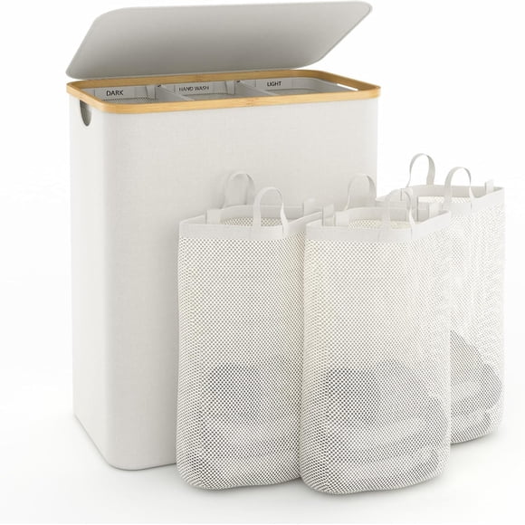 Cesto de ropa Bathola 160 L con tapa y 3 secciones, color beige