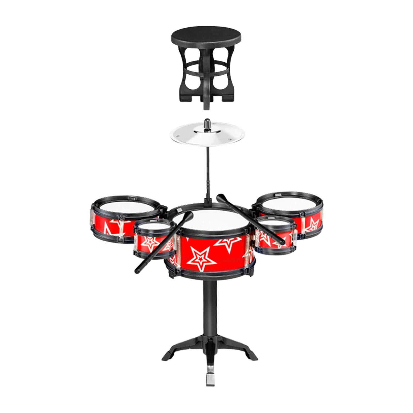Magideal - Simulación De Tambores De Juguete Para Niños, Kits De Batería De Jazz Con Baquetas, Juegos De Batería Rítmica, Juego De Instrumentos, Juguetes Musical Rojo Con Silla