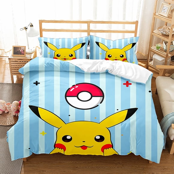 Pok-mon Pika-chu 3 Pcs Comforter Set with 2 Pillowcases,Pokmo-n Pikach-u Bedding Set Sheet Set for Kids Adults,All Season Lightweight Bedding Set for Bedroom Bed Dorm Decor Bed She
