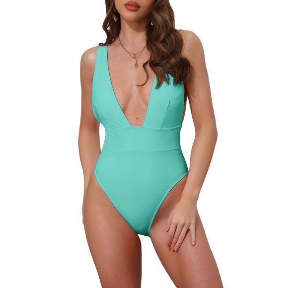 Monokini sin espalda con escote profundo en V para mujer de INSPIRE CHIC, traje de baño de una pieza con tirantes anchos y control de abdomen con copas acolchadas push-up X-Large Cian
