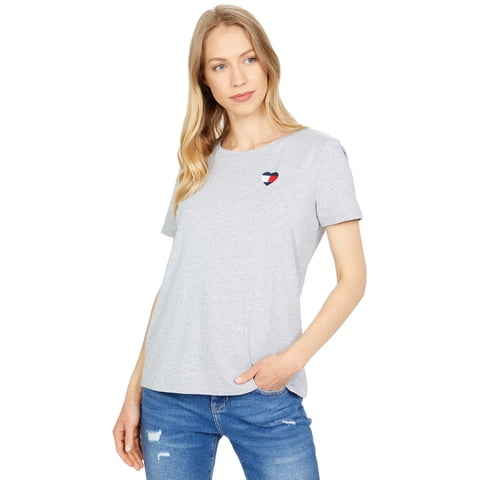 Camiseta Tommy Hilfiger Para Mujer, Cuello Redondo, Logotipo, Gris Piedra, Xs