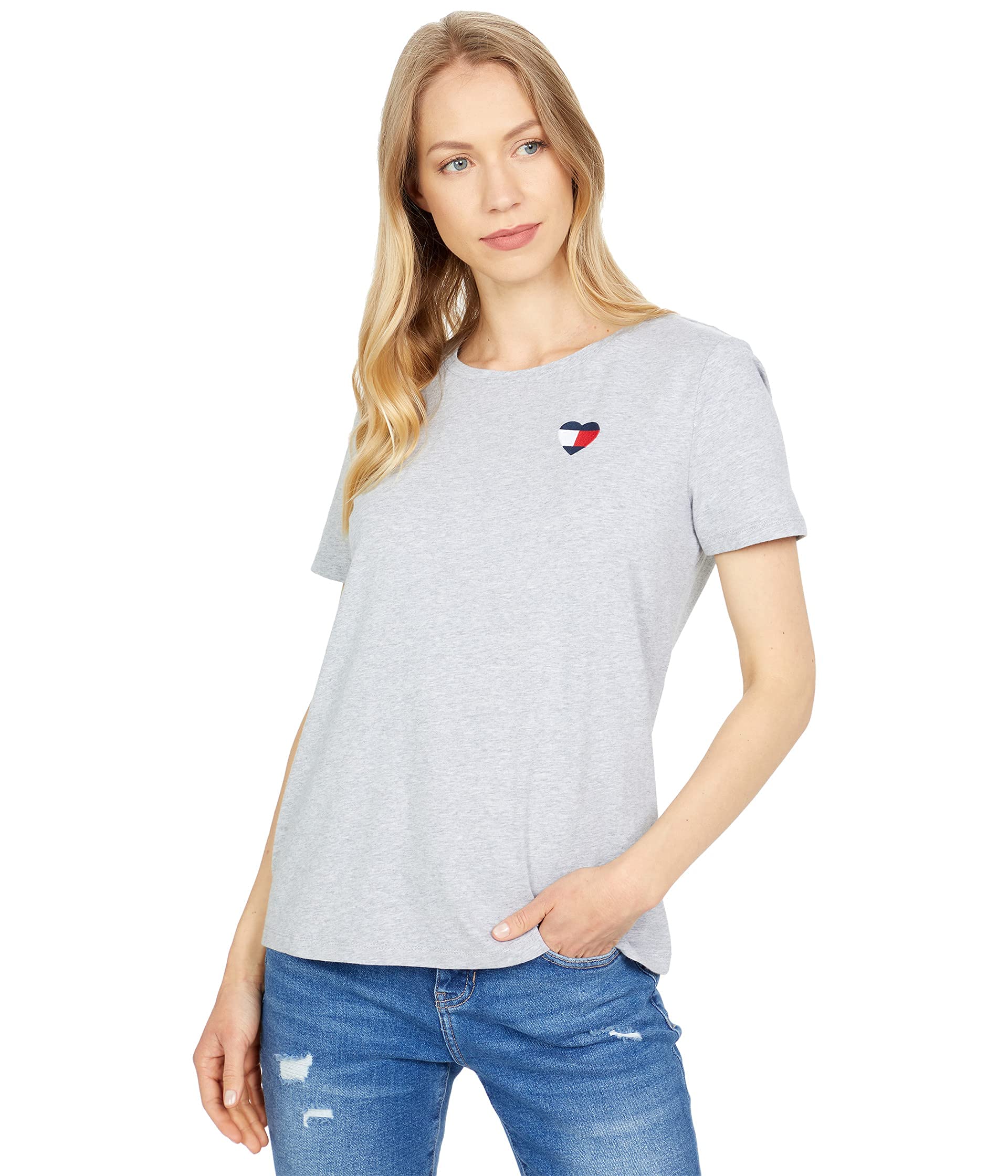Camiseta Tommy Hilfiger Para Mujer, Cuello Redondo, Logotipo, Gris Piedra