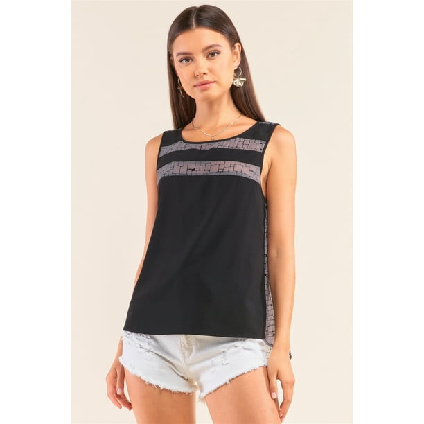 Top de Cuello Redondo de Malla con Estampado de Ladrillos, sin Mangas, de Corte Relajado, en Gris y Negro