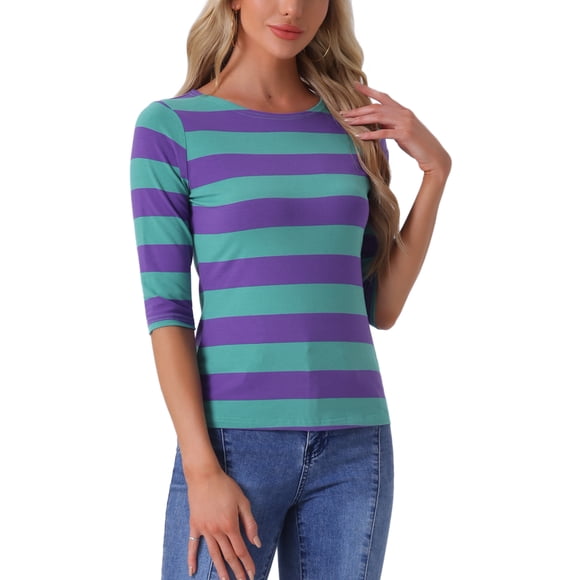INSPIRE CHIC Camisetas a Rayas de Regreso a Clases para Mujer Ajustadas con Mangas al Codo y Cuello de Barco Talla L Morado Verde