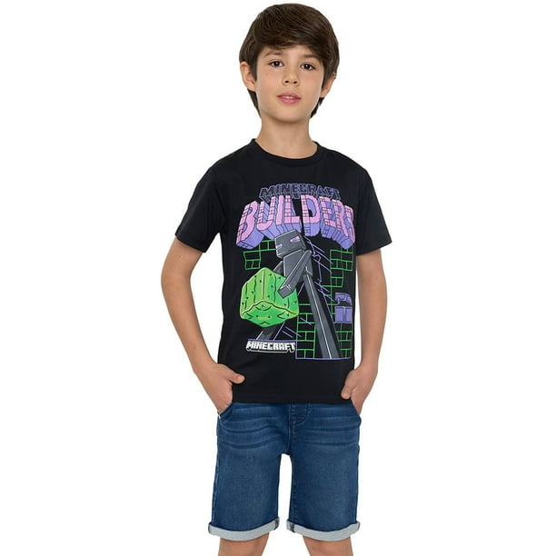 Polera Niño Kids Manga Corta Minecraft Negro Corona