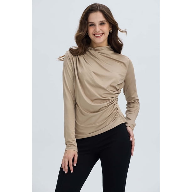 Polera Mujer Aplicación Arrugado Beige Oscuro