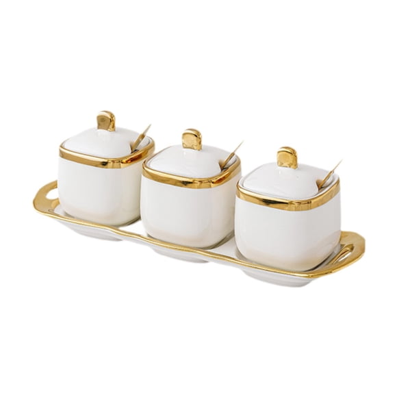 Tarros De Especias De Cerámica Elegante Organizador De Cocina Con Bandeja De Almacenamiento Para El Hogar Dorado