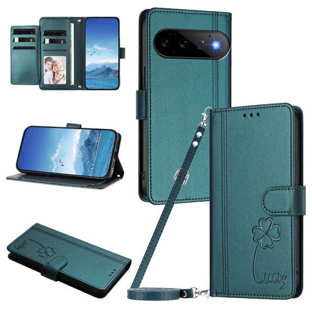 Funda Cartera Trébol para Google Pixel 11 Pro con Ranuras Tarjetas y Carga Inalámbrica Verde oscuro