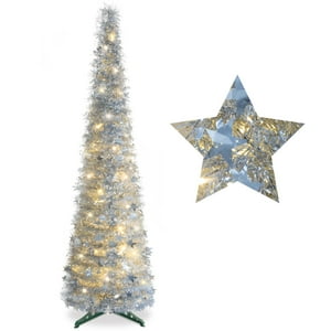 Árbol De Navidad Pinkswan De 150 Cm, Plateado, Con Luces Y Adornos