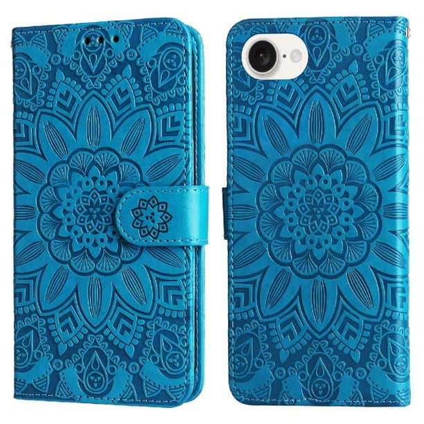 Funda tipo cartera FOXDOCK para iPhone 16e , diseño girasol en relieve, cuero PU, cierre magnético, soporte y tarjetero